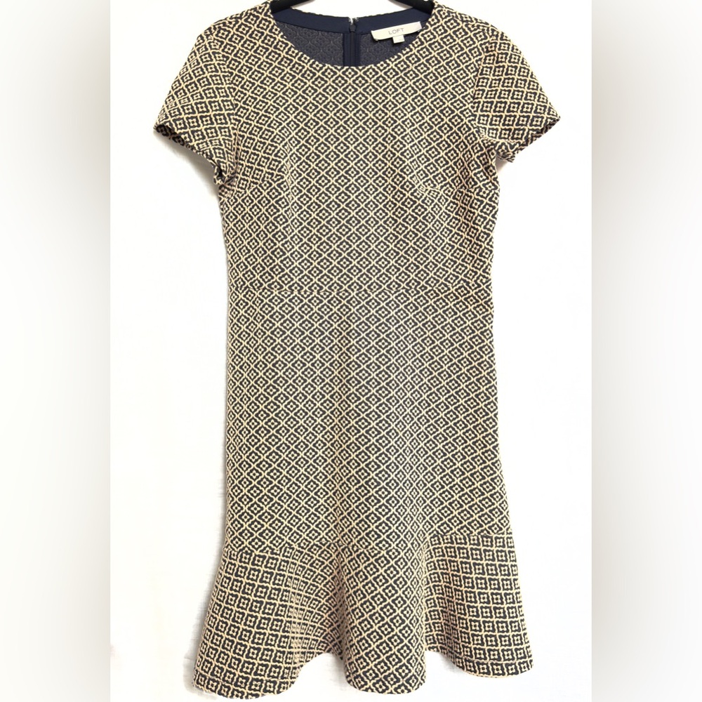Ann Taylor LOFT Geometric Ponte Knit, Stretchy, Peplum, Navy & Tan, Summer Dress